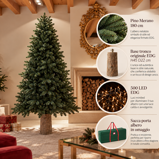 EDG Enzo de Gasperi Offerta Albero di Natale Pino Merano 180 cm + Base Tronco + 500 Miniled + Borsa
