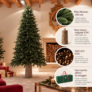 EDG Enzo de Gasperi Offerta Albero di Natale Pino Merano 210 + Base Tronco + 500 Miniled + Borsa