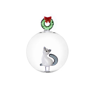 Ichendorf Milano Tabby Cat Set 2 Christmas Balls Cat and Garland in Borosilicate Glass