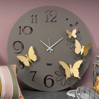 Arti & Mestieri Orologio da Parete Grande Butterfly Flower D60 cm Fango e Oro Laccato