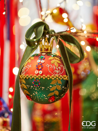 EDG Enzo De Gasperi Bohemian Weihnachtskugel aus rotem und grünem Glas, 10 cm Durchmesser