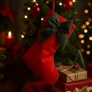 TonoSuTono Calza in Velluto Rosso con Fiocco Verde H40 cm