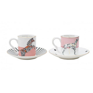 Yvonne Ellen Set of 2 Coffee Cups with Saucer Dog and Zebra in Porcelain