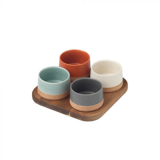 Evviva Juego de 4 Cuencos con Bandeja de Madera 22x22 cm