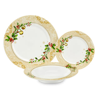 18-teiliges Weihnachtstischservice „Fade“ aus weißem und goldenem Porzellan mit Stechpalmenmotiv.