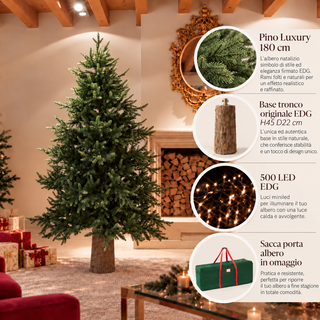 EDG Enzo de Gasperi Offer Luxury Pine Christmas Tree 180 cm + Trunk Base + 500 Mini LEDs + Bag