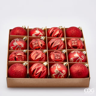 EDG Enzo De Gasperi Box 16 Decorated Christmas Baubles Poly D6 cm Mix Red