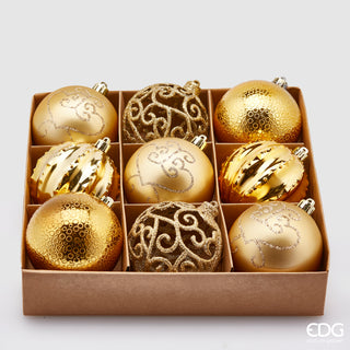 EDG Enzo De Gasperi Caja de 9 bolas de Navidad decoradas en poliéster D8 cm Mix Gold