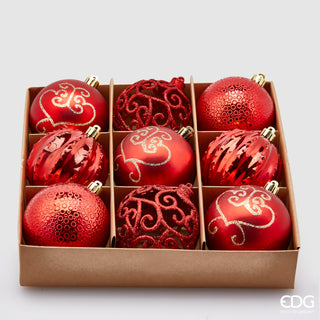 EDG Enzo De Gasperi Box of 9 Decorated Christmas Baubles Poly D8 cm Mix Red