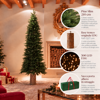 EDG Enzo de Gasperi Offerta Albero di Natale Pino Slim 210 cm + Base Tronco + 500 Miniled + Borsa