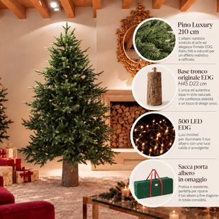 EDG Enzo de Gasperi Offer Luxury Pine Christmas Tree 210 cm + Trunk Base + 500 Mini LEDs + Bag