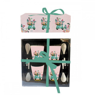 Enesco Set 4 Tazzine da Caffè Scooter con Cucchiaini in Ceramica