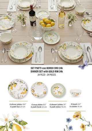 EDG Enzo De Gasperi Servizio Tavola 24 pz Limoni in Porcellana con Bordo oro 24K