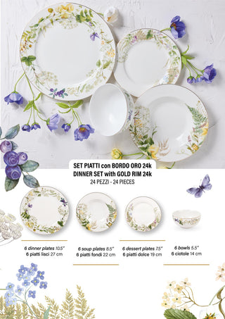 EDG Enzo De Gasperi Servizio Tavola 24 pz Fiori Mix in Porcellana con Bordo oro 24K