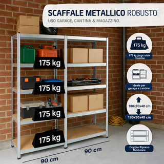 Scaffale Metallico Modulare 5 Ripiani 180x90x40 cm Portata 175 Kg per ripiano
