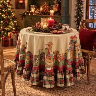 Nuvole di Stoffa Tovaglia Tonda Natalizia con Balza Vintage Tartan 200 cm in Cotone