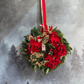 Fiori Di Lena Ghirlanda Tonda con Ortensie Rosse in Velluto D60