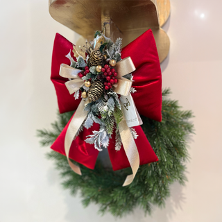 Fiori Di Lena Outdoor Bow in Red Velvet with Pine Cones, Pine and Berries H30 cm