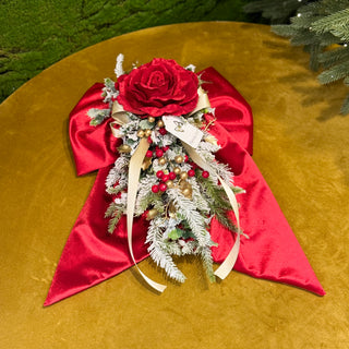 Fiori Di Lena Outdoor Bow in Red Velvet with Rose and Christmas Elements H50cm