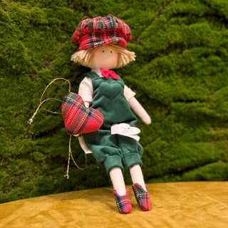 Sara's Idea Pageboy with Green Velvet Dungarees and Tartan Details H26 cm