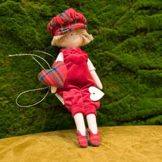 Sara's Idea Page Boy with Red Velvet Dungarees and Tartan Details H26 cm