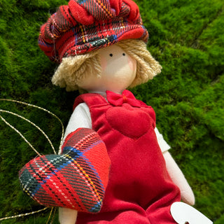 Sara's Idea Paje niño con peto de terciopelo rojo y detalles de tartán Al. 26 cm