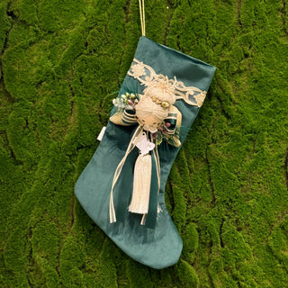 Lena Flowers Green Velvet Stocking with Angel H40 cm