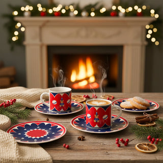 Bialetti Set 2 Tazzine da Caffè Natalizie con Piattino in Porcellana