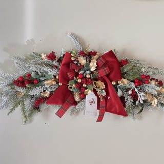 Fiori Di Lena Outdoor Bow in Red Velvet with Pine Cones, Pine and Berries H30 cm