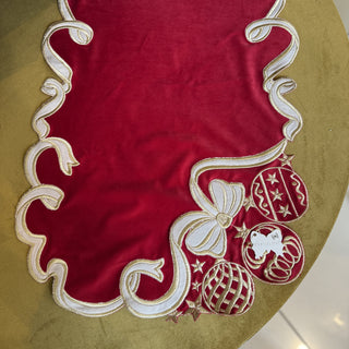 Fiori Di Lena Runner in Velluto Rosso con Orlo Decorato 140x40