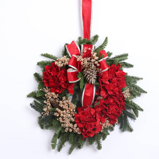 Fiori Di Lena Ghirlanda Tonda con Ortensie Rosse in Velluto D60