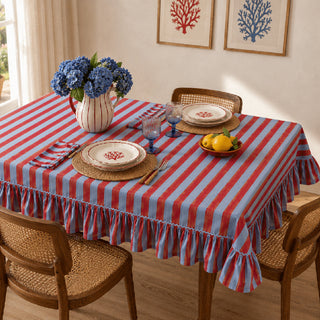 Bitossi Striped Tablecloth with Ruffle 150x270 cm in Red Linen