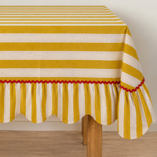 Bitossi Gestreifte Tischdecke mit Rüschen 150x270 cm aus senfgelbem Leinen