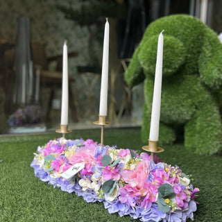 Candelero Fiori Di Lena de 3 llamas con rosas, hortensias y eucalipto