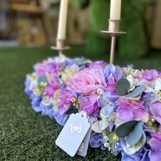 Fiori Di Lena Candeliere 3 Fiamme con Rose, Ortensie e Eucalipto