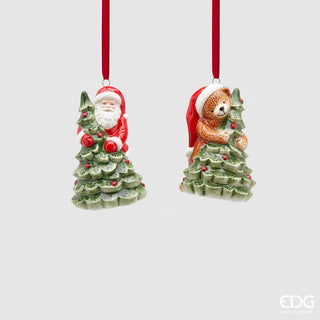 EDG Enzo De Gasperi Set Decorazioni Natalizie con Babbo Natale e Orsetto su Albero in Ceramica H10 cm