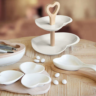 Brandani Double Heart Cake Stand in Porcelain and Bamboo