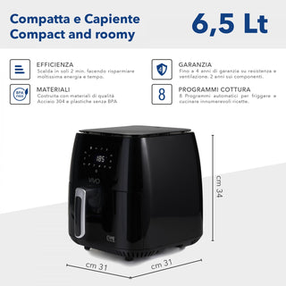 Classe Italy Friggitrice Ad Aria Vivo Air Fryer 6,5 lt Nero Lucido