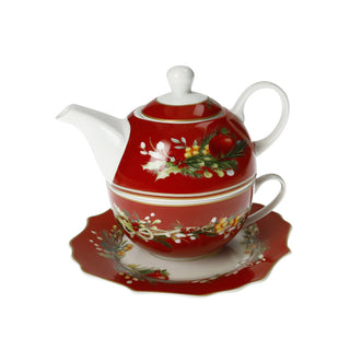 Brandani Set Teiera con Tazza e Piattino Carol in Porcellana Rosso