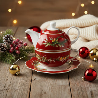 Brandani Set Teiera con Tazza e Piattino Carol in Porcellana Rosso