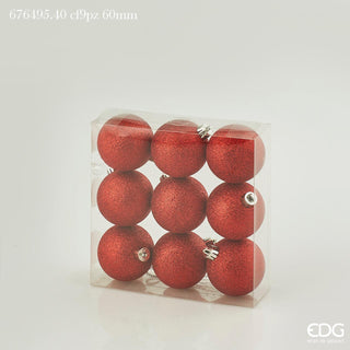EDG Enzo De Gasperi Box 9 Glitter Christmas Baubles D6 cm Red