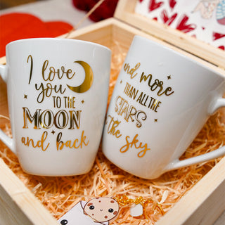 Set de caja de regalo de San Valentín 2 tazas a la luna y de regreso
