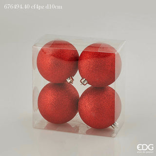 EDG Enzo De Gasperi Box 4 Glitter Christmas Baubles D10 cm Red