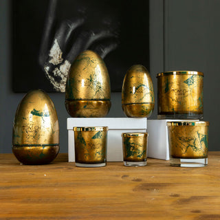 Tom Ch London Large Glass Egg Candle with Gold and Green Lid