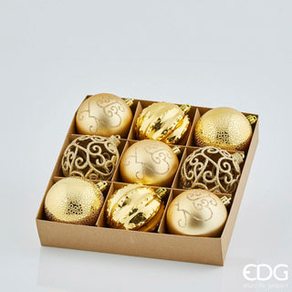 EDG Enzo De Gasperi Box of 9 Poly Decorated Christmas Baubles D8 cm Mix Gold