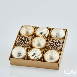 EDG Enzo De Gasperi Box 9 Decorated Christmas Baubles Poly D8 cm Mix Champagne
